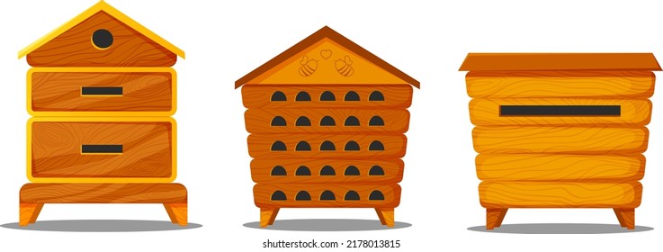 Colmena de madera para abejas al estilo de las caricaturas. Coloridas colmenas para abejas y fotos con colmenas. Ideal para colmenillas, producción de miel y envasado con miel