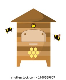 Wooden beehive with bees on a white background.