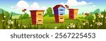 Wooden beehive boxes in summer apiary landscape - colorful hives standing on green meadow with blooming daisies, surrounding bushes and flying bees. Rural farm scenery with honey making equipment.