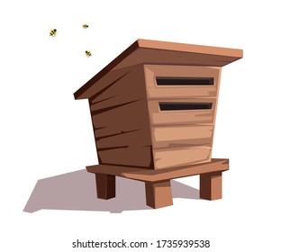 Wooden beehive flat illustration. Swarm of insects flying isolated clipart on white background. Homemade bio honey and nectar produce. Cartoon apiary hive and honeybees design element