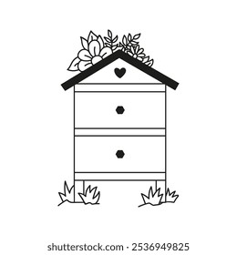 Wooden beehive with flowers. Hand drawn doodle apiary illustration.