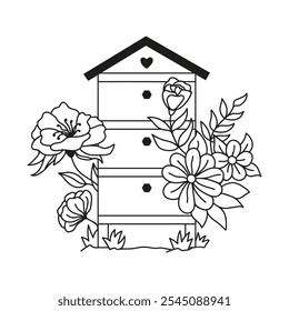 Wooden beehive with flowers. Hand drawn doodle apiary illustration.