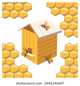 Wooden beehive and funny bees on a background of honeycombs. Illustration, print, vector