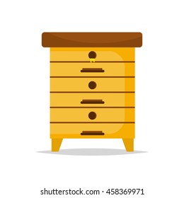 Wooden Beehive on white background. Traditional beehive natural beekeeper insect organic farm. Cartoon illustration beehive. Stock vector beehive nature honeycomb food sweet home.