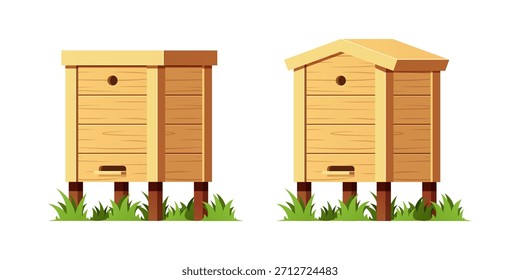 Bienenstockstruktur aus Holz mit mehreren gestapelten Kisten, die in der Honigproduktion verwendet werden, einzeln auf weißem Hintergrund.