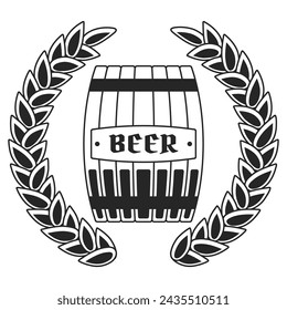 A wooden beer barrel . A barley wreath. The logo of the beer bar.