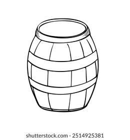 Wooden beer barrel black white vector illustration isolated. Line contour cask. Barrel outline hand drawn. Design element for advertising beer festival, banner, menu, packaging, St Patrick day.