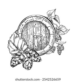 Ilustración gráfica de Vector blanco negro de barril de cerveza de madera aislada. Lúpulo de cono y humulus de vid, barril con grifo de composición monocromo pintado para el diseño de envases, festival de la cerveza, etiqueta, menú