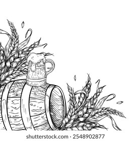 Wooden beer barrel and bunch of wheat ears black white border isolated on white. Tankard with foam beer on barrel vector frame hand drawn for design label, banner, menu, packaging, Oktoberfest.