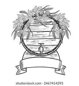 A wooden beer barrel decorated with hop branches and a ribbon label. Black and white vector illustration, hand-made in the style of engraving. Great for bar, label, poster. For printing and packaging