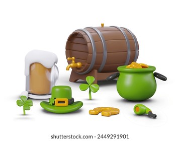 Wooden beer barrel, froth mug, leprechaun hat, golden horseshoe, pipe, clover shamrock, coin pot