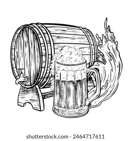 Barril de cerveza de madera y taza de cerveza de vidrio. Ilustración vectorial en blanco y negro dibujado a mano en el estilo de grabado. Ideal para menús de bar o restaurante, etiquetas, carteles, logotipos. Para impresiones y paquetes.