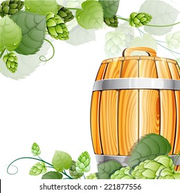 Wooden beer barrel  and hops branch on a white  background. Oktoberfest abstract background