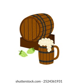 A wooden beer barrel. Hops, ingredient for brewing beer. A wooden pint of frothy beer. Brewery. Flat illustration on white background.