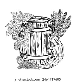 Wooden beer barrel, hops and malt, a splash of beer. Black and white vector illustration, hand-made in the style of engraving. Great for bar or restaurant menu, label, poster. For printing, packaging.