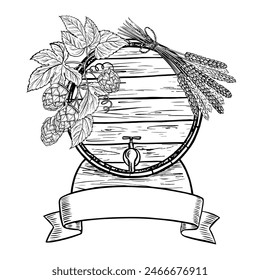 Wooden beer barrel, hops and malt. Label for the name. Black and white vector illustration, hand-made in the style of engraving. Great for bar or restaurant menus, labels, posters, and packaging.