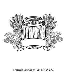 A wooden beer barrel, hops, malt and a ribbon label for the inscription. Black and white vector illustration, hand-made in the style of engraving. Great for bar menus, labels and posters, packaging.