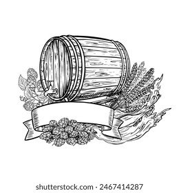 A wooden beer barrel, hops, malt and a ribbon label for the inscription. Black and white vector illustration, hand-made in the style of engraving. Great for bar menus, labels and posters, packaging.