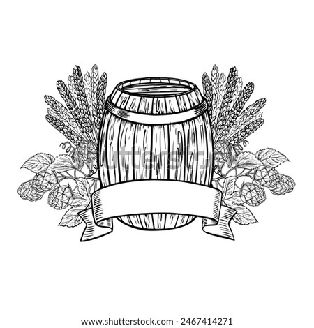 A wooden beer barrel, hops, malt and a ribbon label for the inscription. Black and white vector illustration, hand-made in the style of engraving. Great for bar menus, labels and posters, packaging.