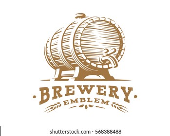 Wooden beer barrel logo - vector illustration, emblem brewery design on white background.