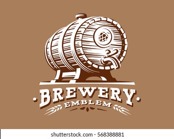 Wooden beer barrel logo - vector illustration, emblem brewery design on brown background.