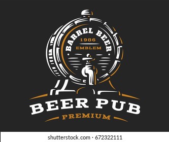 Wooden beer barrel logo - vector illustration, emblem brewery design on black background