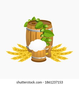 Wooden beer barrel with a wooden mug of beer with hops and wheat.Vector illustration.