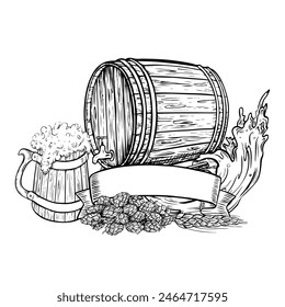 Wooden beer barrel and beer mug, hops and malt. Black and white vector illustration hand-drawn in the style of engraving. Label for bar or restaurant menus, labels, posters, logos. For prints, package