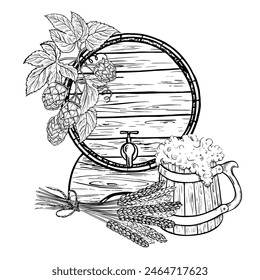 Wooden beer barrel and mug, hops and malt. A black-and-white vector illustration made by hand in the style of engraving. Great for bar or restaurant menus, labels, posters. For printing and packaging.