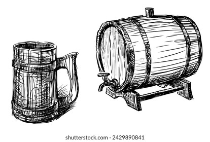 Wooden beer barrel and mug sketches, vector hand drawing isolated on white