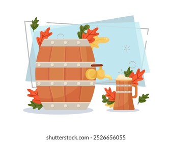 Wooden beer barrel and mug vector illustration. Cartoon drawing for banner design. Autumn leaves on abstract background. Oktoberfest, beer festival, celebration, autumn, Germany concept