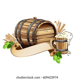Wooden beer barrel and mug of beer. Vector illustration