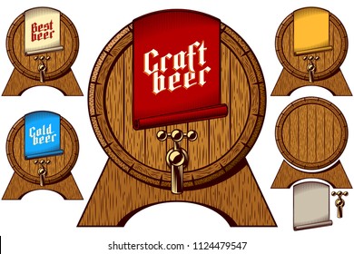 Wooden beer barrel on stand with beer tap. Label tag on First Keg on Oktoberfest with lettering inscription Craft, Cold, Best. Set of vector graphic illustration in retro ink engraving vintage style.