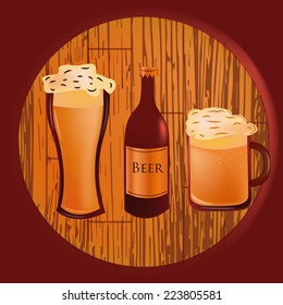 a wooden beer barrel, a pair of glasses and a beer bottle
