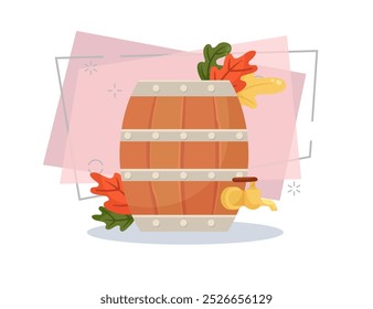 Wooden beer barrel vector illustration. Cartoon drawing for banner design. Autumn leaves on abstract background. Oktoberfest, beer festival, celebration, autumn, Germany concept