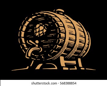 Wooden beer barrel - vector illustration, design on black background.