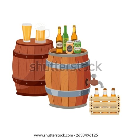 Wooden beer barrel vector set. Classic wooden cask with tap, vintage  barrel, decorative old-style beer cask. Flat vector in cartoon style. Crate, bottle and mug of beer. Flat vector in cartoon style.