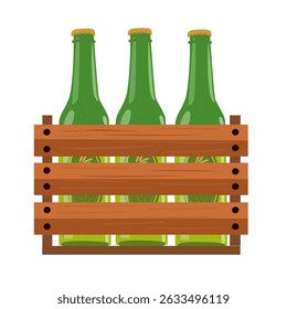 Wooden beer crate vector. Pack of green beer bottles in wooden crate. Flat vector in cartoon style isolated on white background.