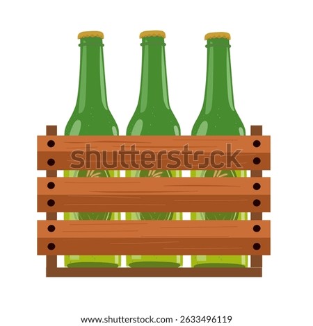 Wooden beer crate vector. Pack of green beer bottles in wooden crate. Flat vector in cartoon style isolated on white background.