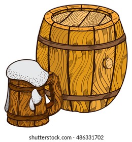 Wooden beer keg and mug of beer.