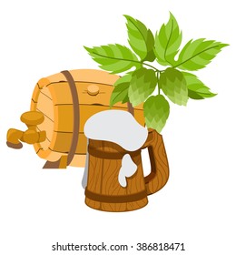 Wooden beer keg and a wooden mug of beer foam.