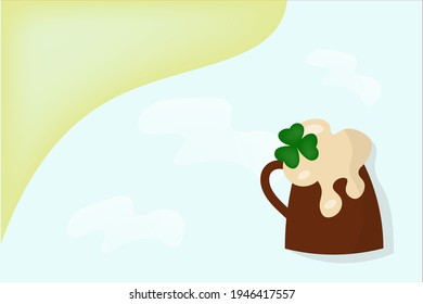 Wooden beer mug flat icon. Lush foam shimmers around the edges. Isolated vector illustration with shamrock. The concept of a beer festival, Oktoberfest site, St. Patrick's Day .