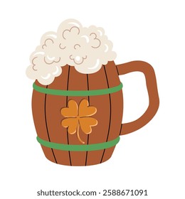 Wooden beer mug with foam and clover. Flat vector illustration isolated on white. St Patrick Day beer wood mug.