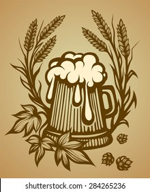 Wooden beer mug with the foam, graphic representation for any design