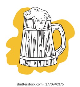 Wooden beer mug with foam. Hand drawn outline vector sketch illustration with color spot on background