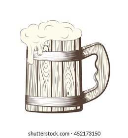 Wooden beer mug with foam, line art pint, monochrome icon on white background, vector