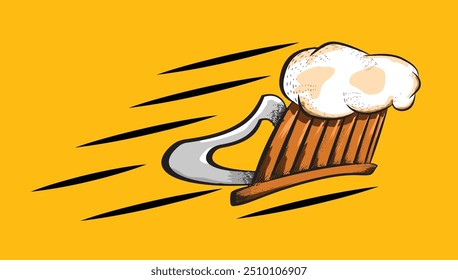 Wooden beer mug with a foamy head of beer racing through the air, leaving a trail of motion lines