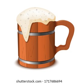 Wooden beer mug with beer and froth. Vector illustration.