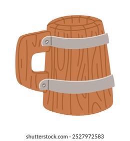 Wooden beer mug with handle for liquid and water. A flat insulated container with a handle. A wooden object is a mug, a glass with a handle. The wooden form is tied with metal plates