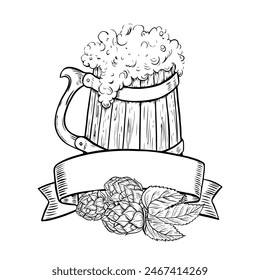 A wooden beer mug and a hop plant. Vector black and white hand-drawn graphics. A design element highlighted on a white background. For bar or restaurant menus, labels, posters, Oktoberfest logo.